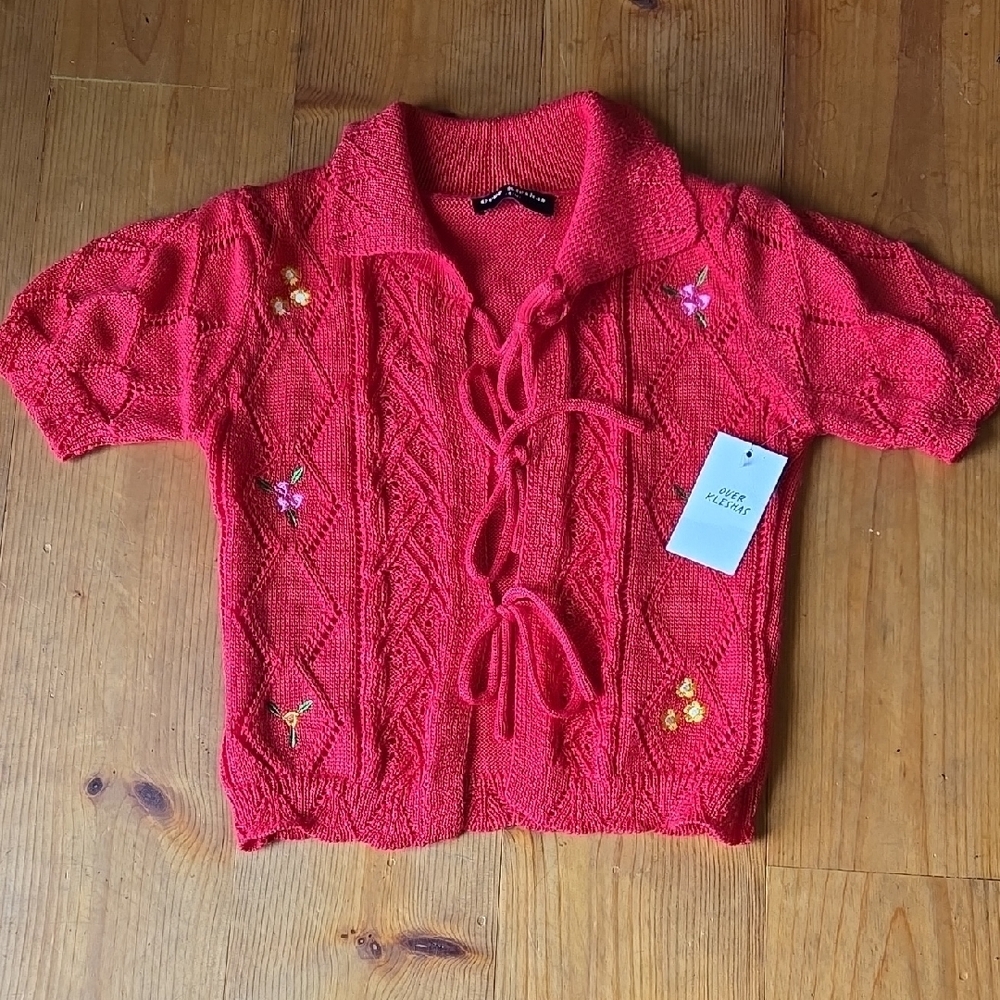 Vintage Inspired‎ Red Knit Sweater w Floral Embroidery Cottagecore GrandmaCore